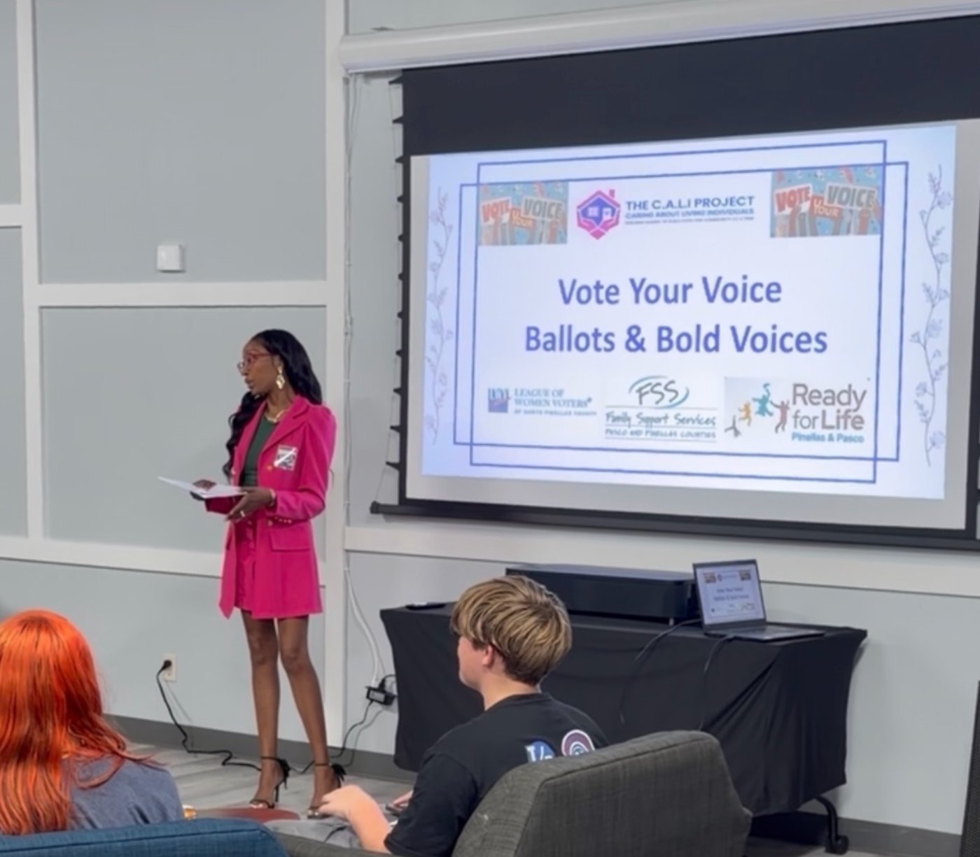 Crystal Wharton leading the Vote Your Voice: Ballots and Bold Voices youth workshop