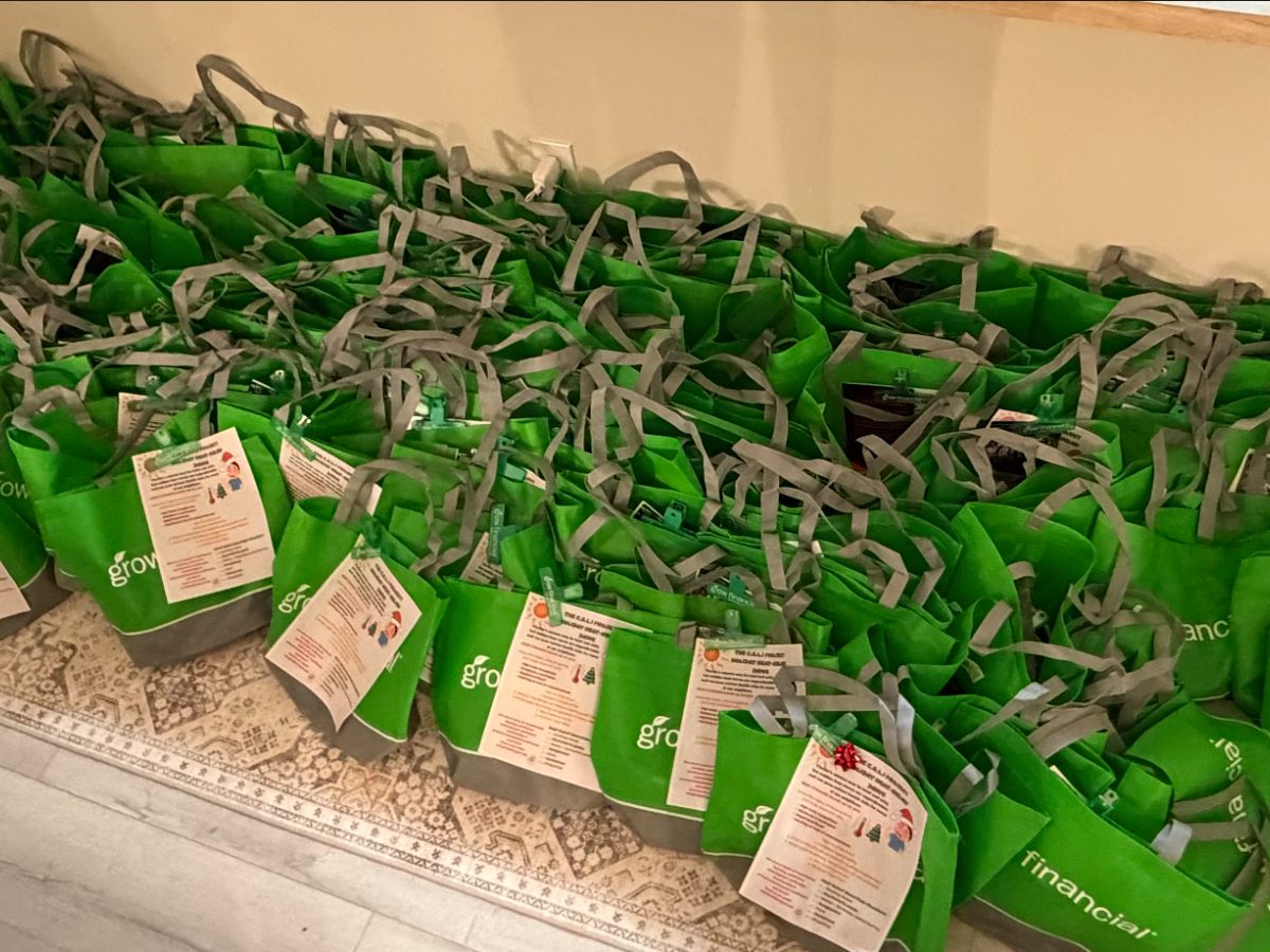 Rows of supply bags packed for outreach