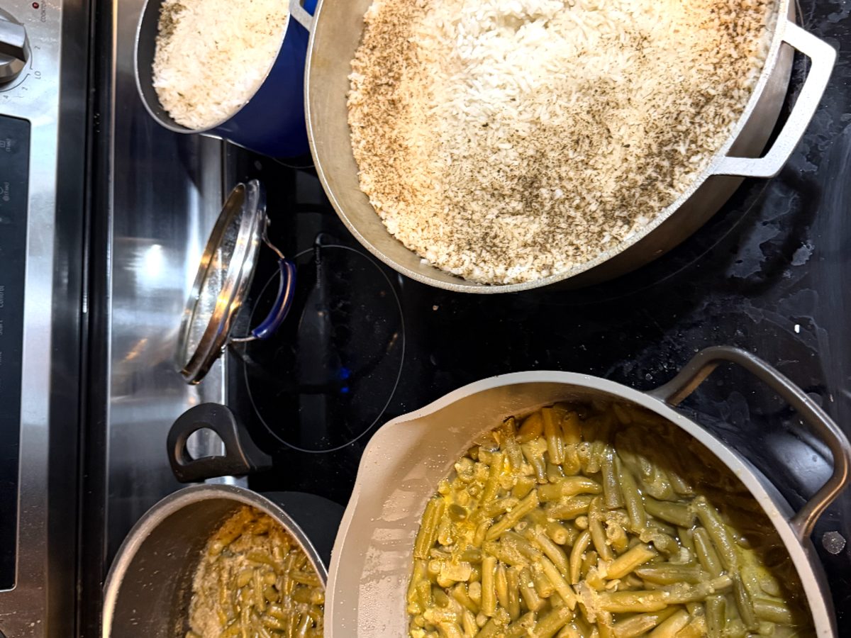Rice and green beans cooking for the turkey drive