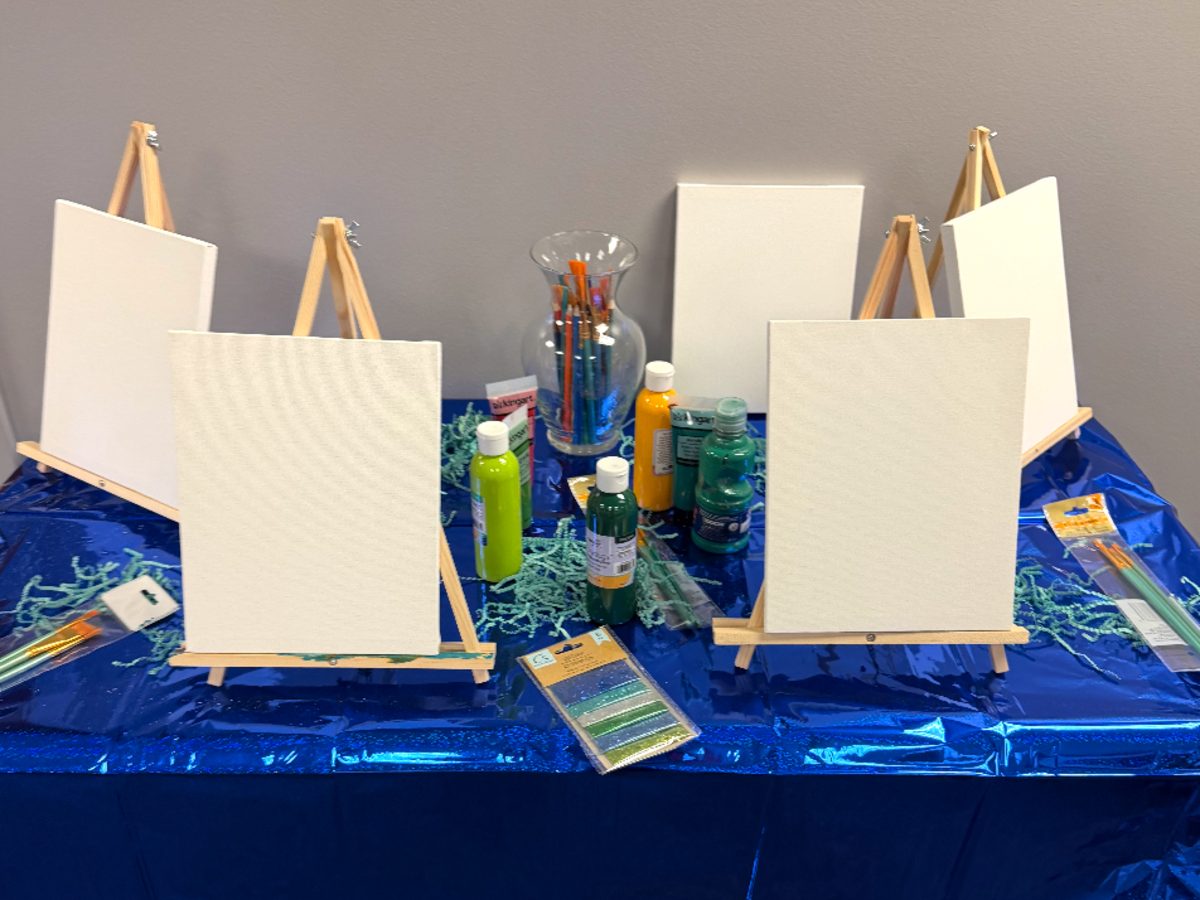 Art therapy session set up with easels, canvases and paints